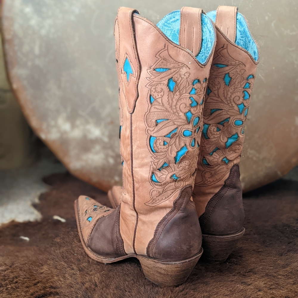 CORRAL C1620 laser tooled tan & turquoise snip toe cowgirl western boots sz 9.5 - Picture 5 of 16